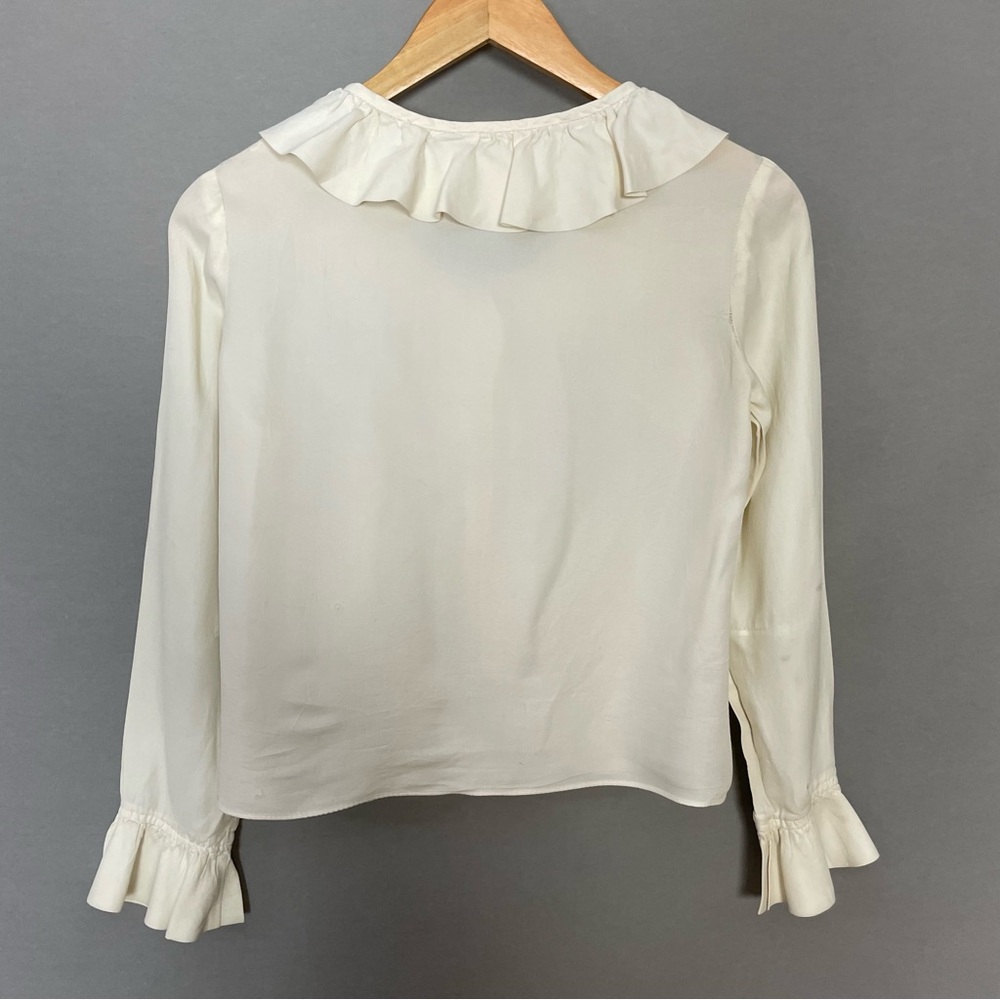 Vintage Blouse Ruffle Neckline Cuffs FLAWS Off-White‎ Cream Button-Up Top Twee - Picture 2 of 13